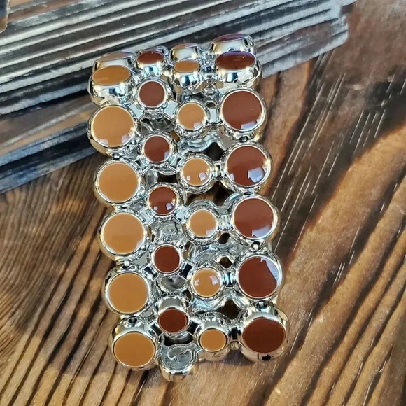 Retro Mid Century Modern Style Wide Acrylic Stretch Bracelet Brown Silver - Picture 2 of 8